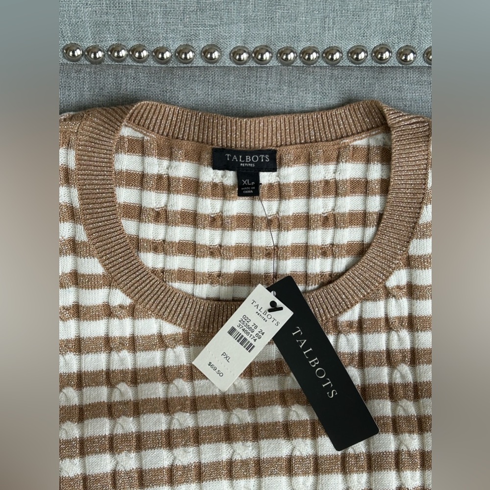 NWT Talbots Gold Metallic Cream Striped Ribbed Crewneck Sweater Holiday Size XL - Picture 10 of 15